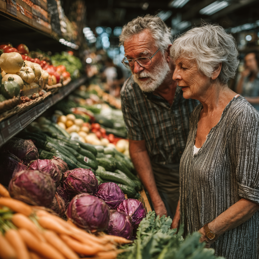 Літня пара готує здорову їжу